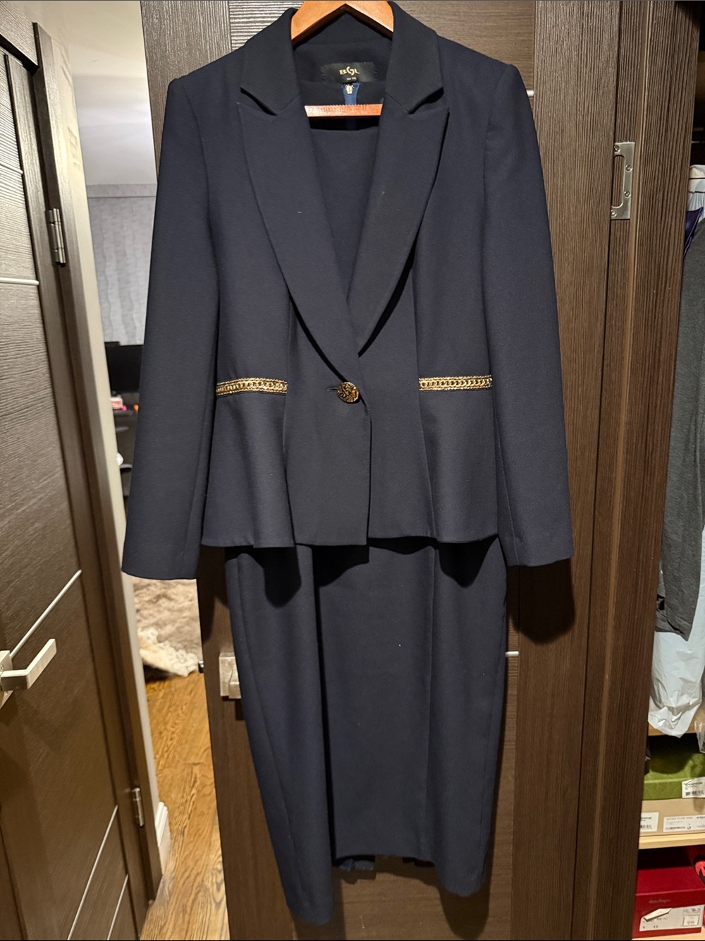 Elegant Navy Women's Blazer and Dress Set with Gold Trim